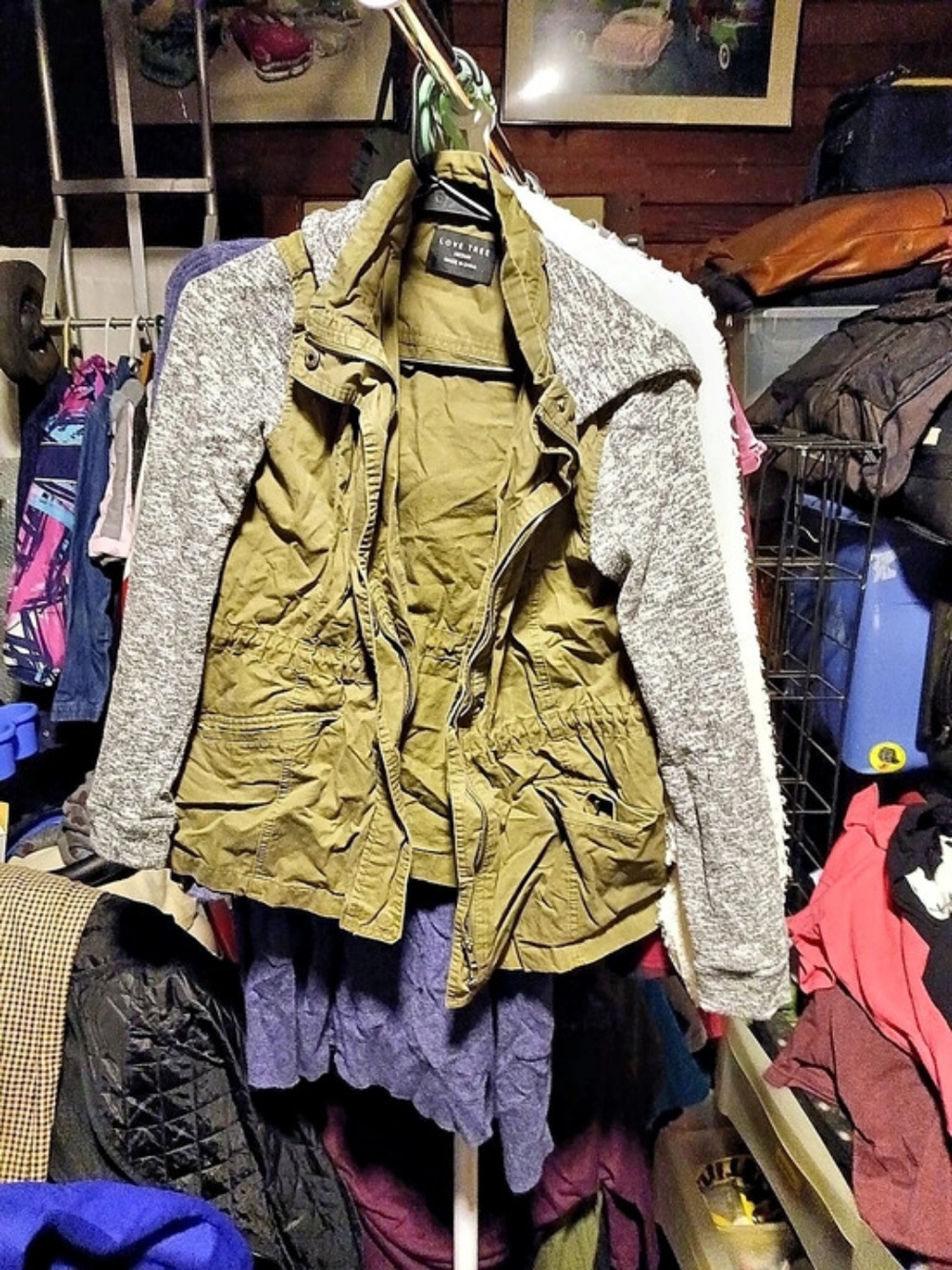 Love Tree Olive Green Hooded Utility Jacket with Knit Sleeves